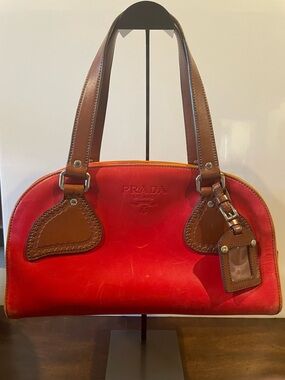 Prada Red Leather Satchel with Brown Trim